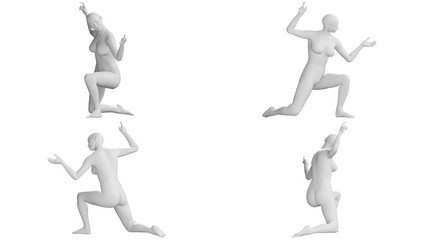 Female Mannequin in Kneeling Pose with Expressive Hands, Isolated on Transparent Background. Multiple Views (Front, Side, Back)