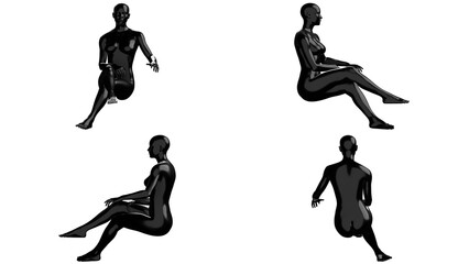 Black Female Mannequin Sitting and Relaxing with Crossed-Legs Isolated on Transparent Background. Multiple Views (Front, Side, Back)