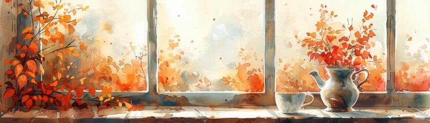 A cozy autumn scene with colorful leaves visible through a window, complemented by a charming vase and cup on the sill.