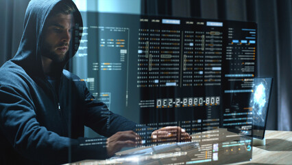 Futuristic cyber hacker operating under the guise of Anonymous, employs advanced algorithms to...