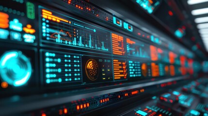 Obraz premium Holographic dashboard showing real-time logistics data in a control room