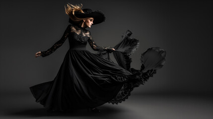 The image features a woman dressed in an elegant, flowing black gown with intricate lace detailing. 