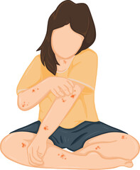A cartoon drawing of a woman scratching her itchy skin and developing a rash, which is caused by an allergic reaction. Vector illustration.