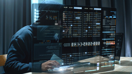Futuristic cyber hacker operating under the guise of Anonymous, employs advanced algorithms to...