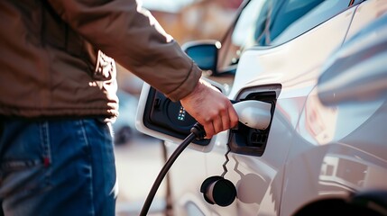 Close up man hand plugging in electric car charger at charging station