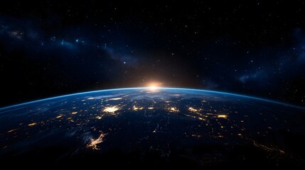 Fototapeta premium Spectacular Sunrise Over Earth with Starry Sky and Milky Way