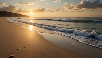 Fototapeta premium A tranquil beach scene at sunrise, with gentle waves, golden sunlight, and a peaceful atmosphere, volumetric 
