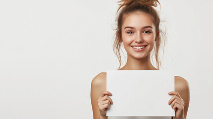Naklejka premium Young woman with long hair holding blank paper against white background