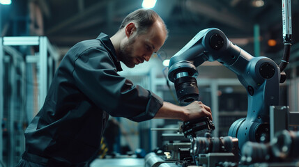 Smiling engineer works with a collaborative robot in a high-tech laboratory, showcasing advanced technology and innovation.
