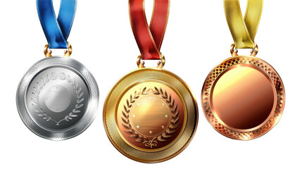 Gold, Silver, and Bronze Medals with Colored Ribbons in a Studio Setting
