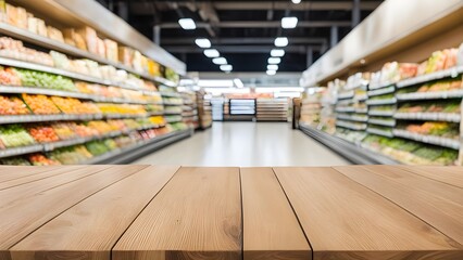 Wooden table with blur background of supermarket. Generative ai