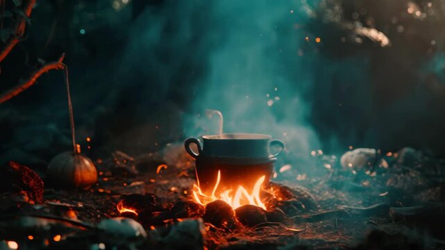 Witch's cauldron boiling over a campfire with sparks and mystical smoke in a dark forest. Magic potion and witchcraft concept.