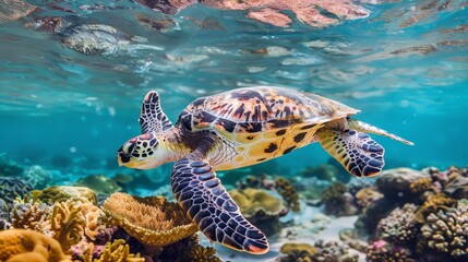 Fototapeta premium Hawksbill turtle - Eretmochelys imbricata swims underwater. Coral reef of the Indian Ocean