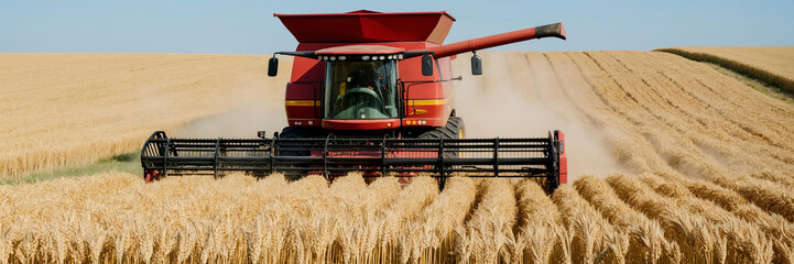 Fototapeta premium Panoramic view of red combine harvester is harvesting wheat in field