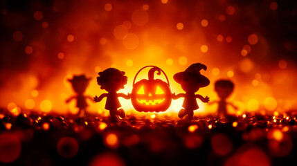 Whimsical Halloween scene featuring playful silhouette characters joyfully gathering around a glowing pumpkin.