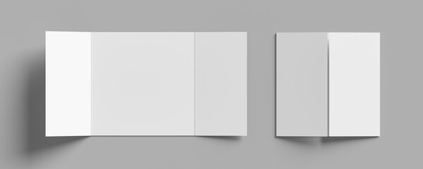 Gate fold brochure mock up isolated on white background. 3 panel brochure. 3D illustration