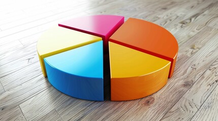 Fototapeta premium A colorful pie chart is cut into four pieces and placed on a wooden surface
