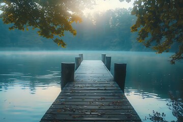 Misty Morning Lake with Wooden Dock Illustration
