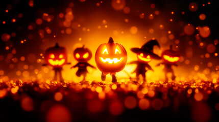 Enchanting and Spooky Halloween Characters Captured in a Beautifully Glowing Pumpkin Scene, Creating a Magical Atmosphere