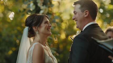 A candid moment of the bride and groom exchanging vows, with tears of joy and emotion visible on their faces, surrounded by nature.