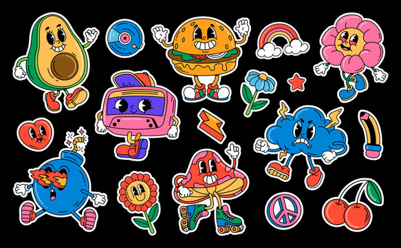 Flat groovy 70s character sticker set