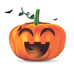 Funny pumpkin on heeluiin. Smiling. Bats are flying around. On a white background. Vector, illustration