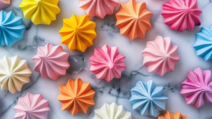 top view of colorful meringue cookies shaped like flowers or stars on a marble background, highlighting vibrant colors and fine details