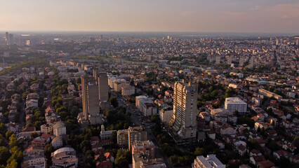 Fototapeta premium Jedinstvo concrete buildings and Vozdovac municipality, one of recognizable brutalism architecture symbols in Belgrade, capital of Serbia.
