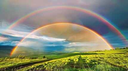 Fototapeta premium Double Rainbow over Lush Green Hills