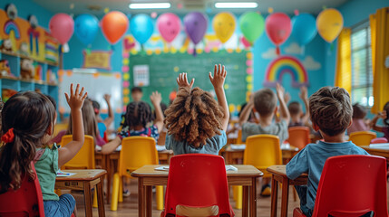 back view of school kids raising hands while sitting at table in classroom