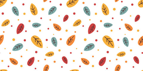 Autumn seamless pattern with bright leaves in trendy design. Fall season vector illustration in flat style.
Textile, wallpaper and scrapbook paper pattern.
