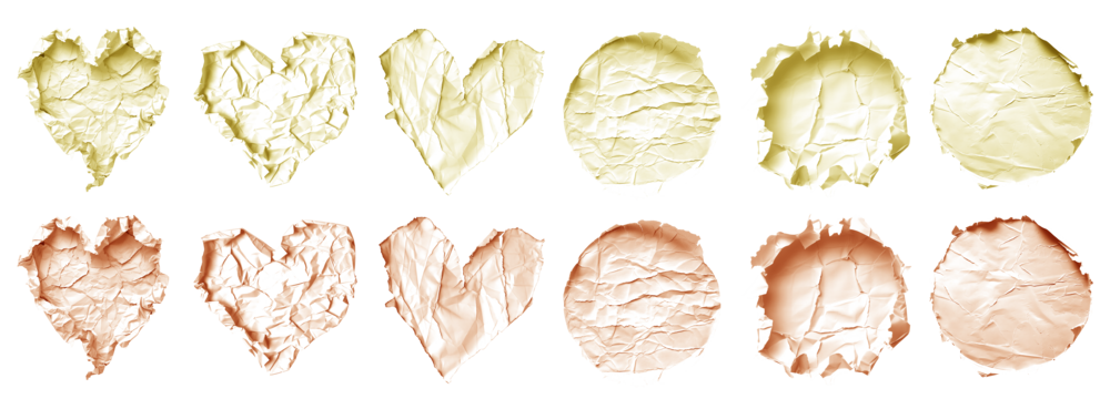Collection set of pastel light yellow orange crumpled crushed scrunched tear torn paper heart love, circle round shape on transparent cutout PNG. Many different design. Mockup template artwork

