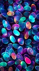 Colorful irregular shapes float in a deep blue backdrop, creating an abstract and vibrant visual experience