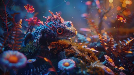 A whimsical fantasy lizard surrounded by glowing flowers and plants in an enchanted forest, creating a magical and mystical atmosphere.