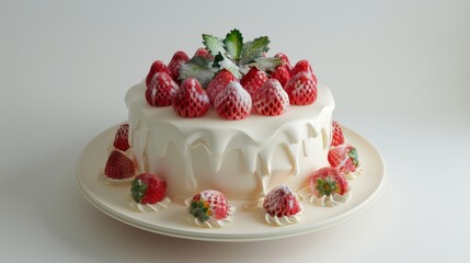 beautifully decorated white cake with strawberries on top, presented in japanese style, captured in high-definition product photography for commercial use with a clean and simple design