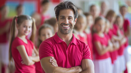 Fototapeta premium Confident teacher smiling with arms crossed, surrounded by students in a vibrant classroom setting.