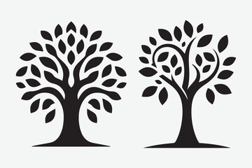 Obraz premium Set of two Black Silhouette Oak Trees - Elegant Nature Illustrations, Classic Botanical Art Collection
