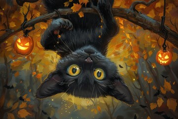 Whimsical illustration of a black cat hanging upside down from a tree branch with glowing jack-o-lanterns in an autumn forest.