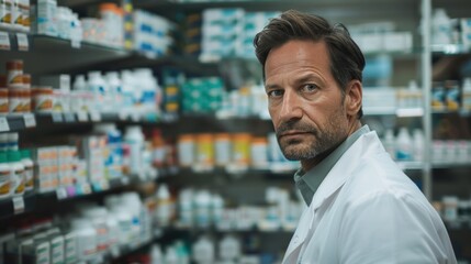Serious pharmacist standing in a store, surrounded by shelves filled with medicine and health products.