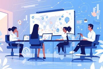 A team of professionals brainstorming in a high-tech conference room