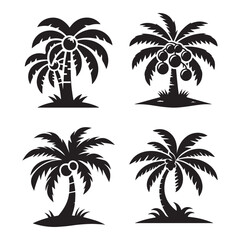 Fototapeta premium Set of Four Black Silhouette Palm Trees - Elegant Nature Illustrations, Classic Botanical Art Collection