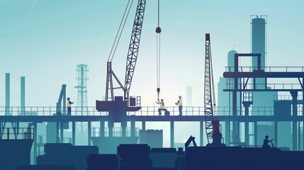 Obraz premium Workers operating cranes and industrial equipment