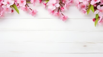 Spring cherry blossom background with wooden board