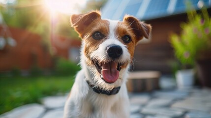 A joyful dog with a smiling face in a sunlit backyard, capturing the essence of happiness and outdoor play.