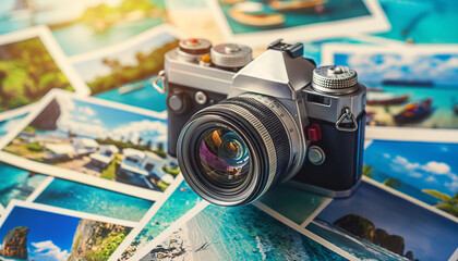 Vintage camera surrounded by colorful travel photos, capturing memories and adventures in vibrant settings.