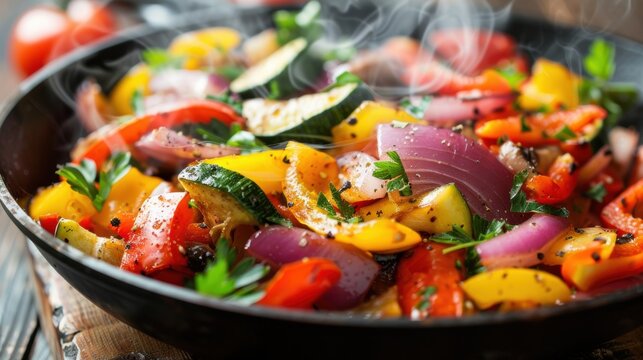 A close-up of colorful grilled vegetables, including peppers and onions, in a steaming hot skillet.