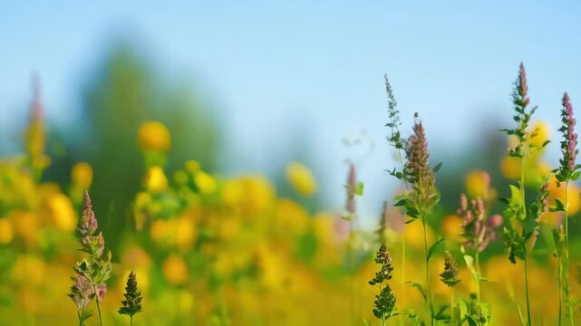 A vibrant meadow filled with colorful wildflowers basking under a clear blue sky, capturing the essence of spring with a beautifully blurred background of lush green and yellow foliage.