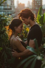 Couple Embracing in a City Garden During Sunset
