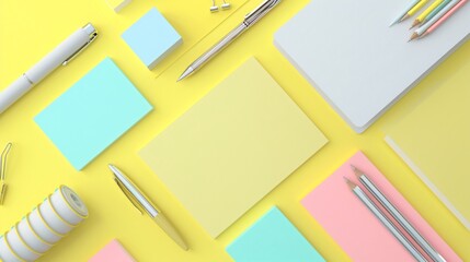 Flat lay of simple stationery items including sticky notes and a pen, rendered in detailed and precise 3D shading