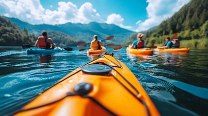 A_group_of_friends_kayaking_on_a_tranquil_lake_in_the_e